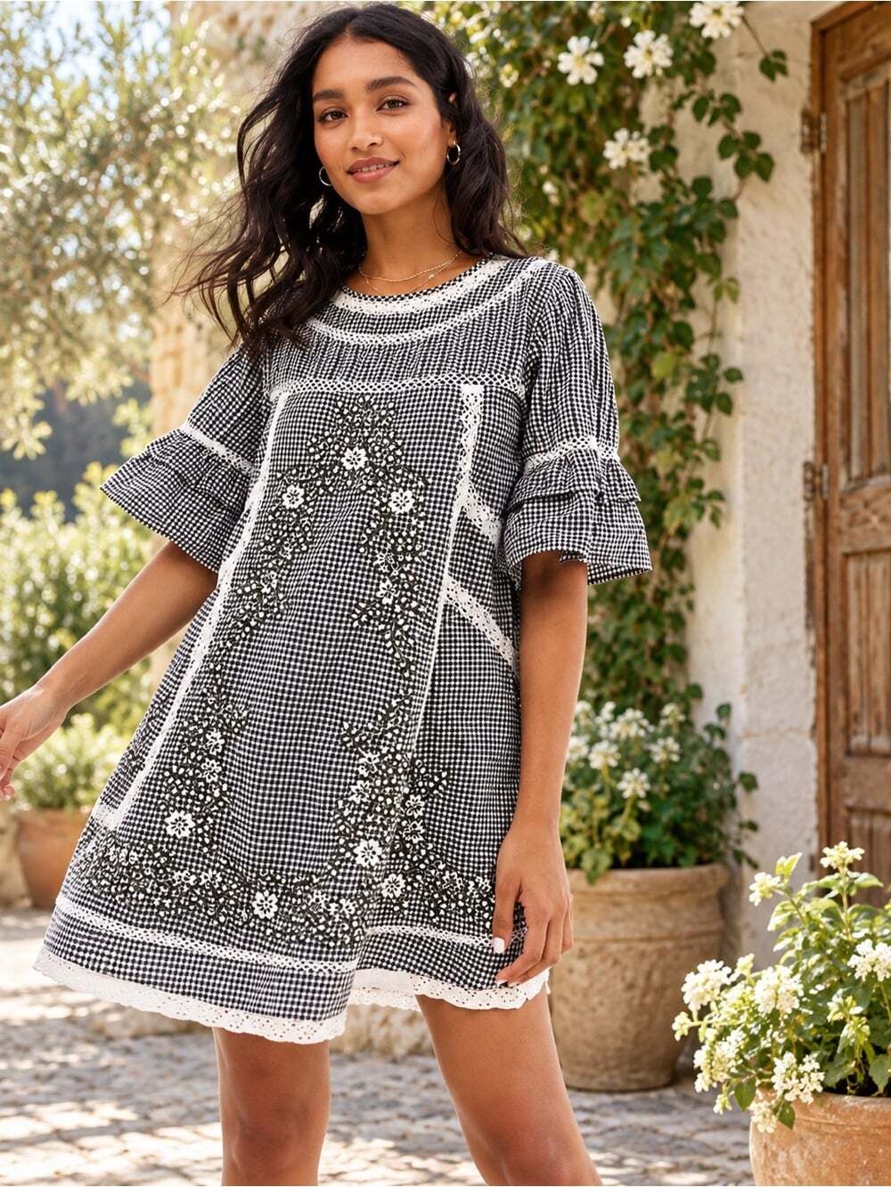 Free People Gingham Embroidered Mini Dress XS Black White Boho Cottagecore